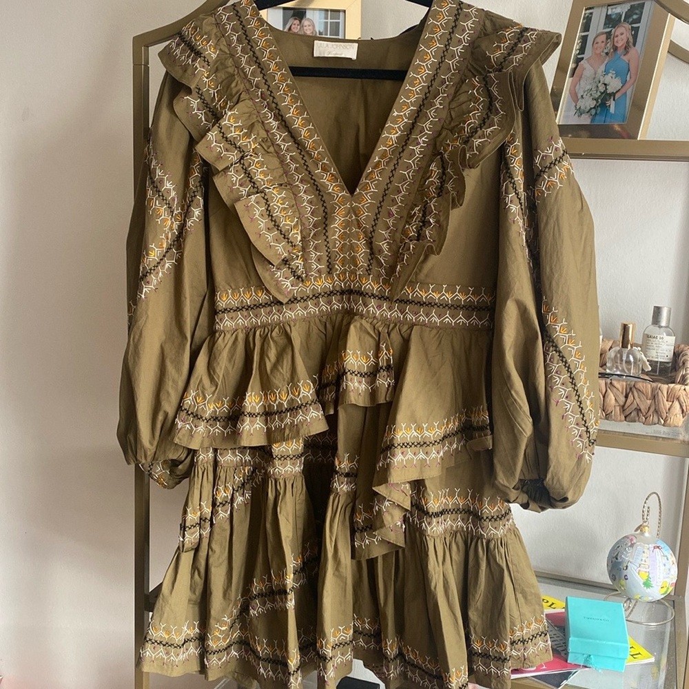 Ulla Johnson Olive Green Embroidered Dress with Ruffle Details